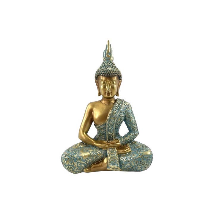 16cm Aqua/Gold Resting Rulai Buddha for wholesale by Cubby House by Malmar
