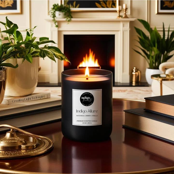 Indigo Allure| 10 oz. Matte Black Jar | Coconut Soy Candle for wholesale by Indigo Scents Candle Co.