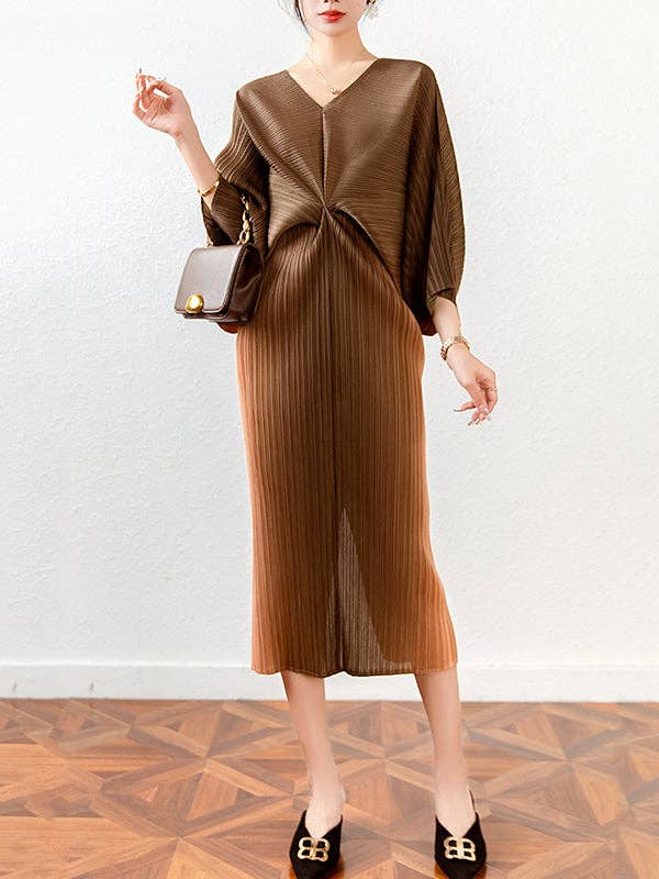 UZ Wholesale Store - Wholesale Dress - Women's - Fashion Loose Batwing Sleeves Gradient Pleated Midi Dress5