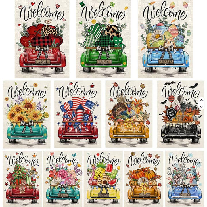 Garden Flags Truck Series (all seasons/holidays) for wholesale by Cotton & Crate