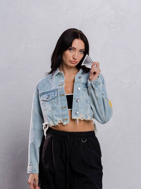 Trio Urban - Vente Veste en jean – femme - Veste courte en jean jaune Smiley Face18