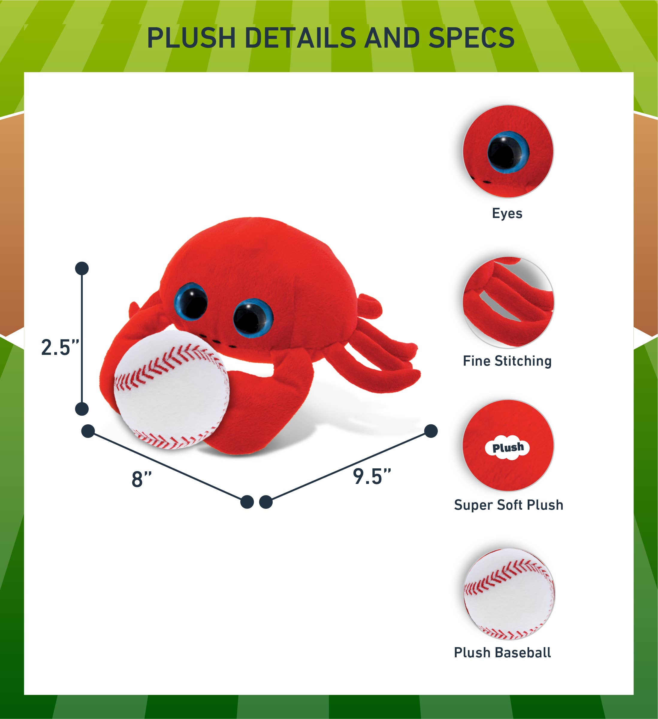 Cota Global - Wholesale Stuffed/Plush Toy - Kids & Baby - Plush Baseball - Big Eye 6" Plush - Red Crab2