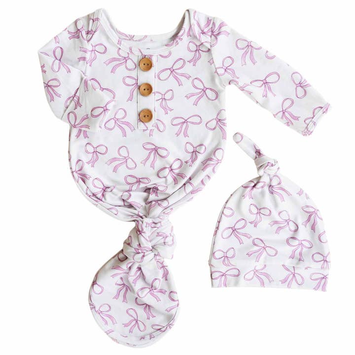 Caden Lane - Wholesale Babygown Set - Baby - Blushing Bows Newborn Baby Knot Gown & Hat Set1