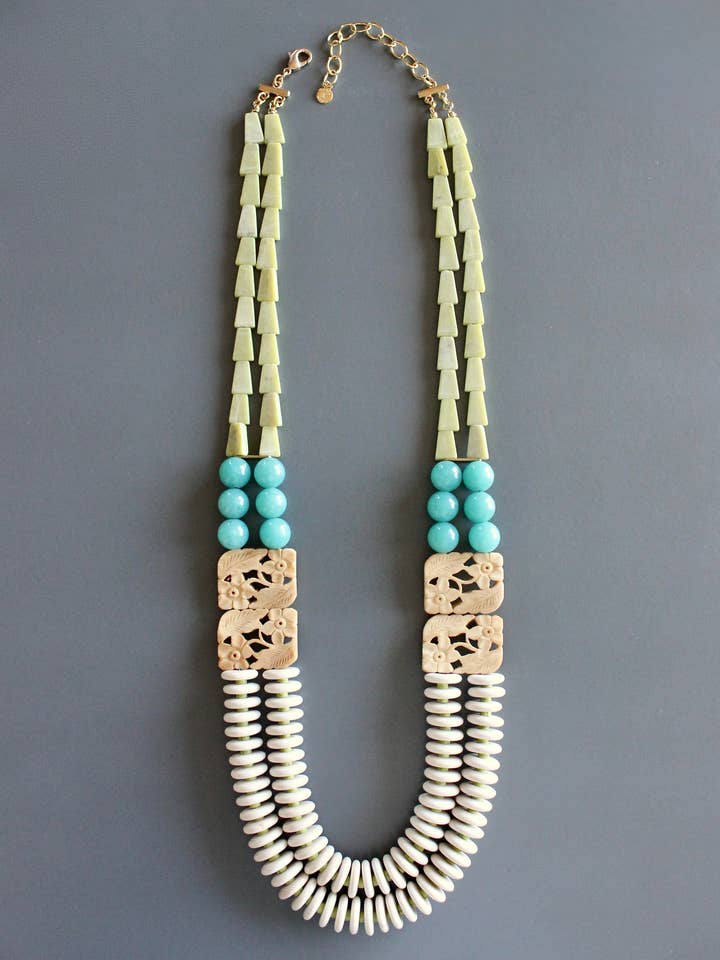 MLN126 Double strand carved buffalo bone and jasper long necklace for wholesale by David Aubrey Jewelry