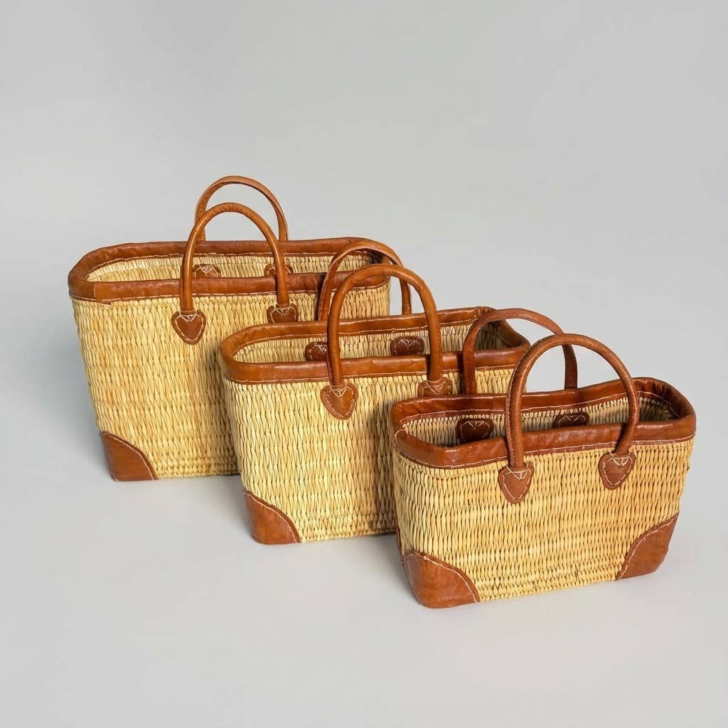 Melecraft - Vente Paniers - Panier de marché en roseau tissé de luxe avec garniture en cuir7