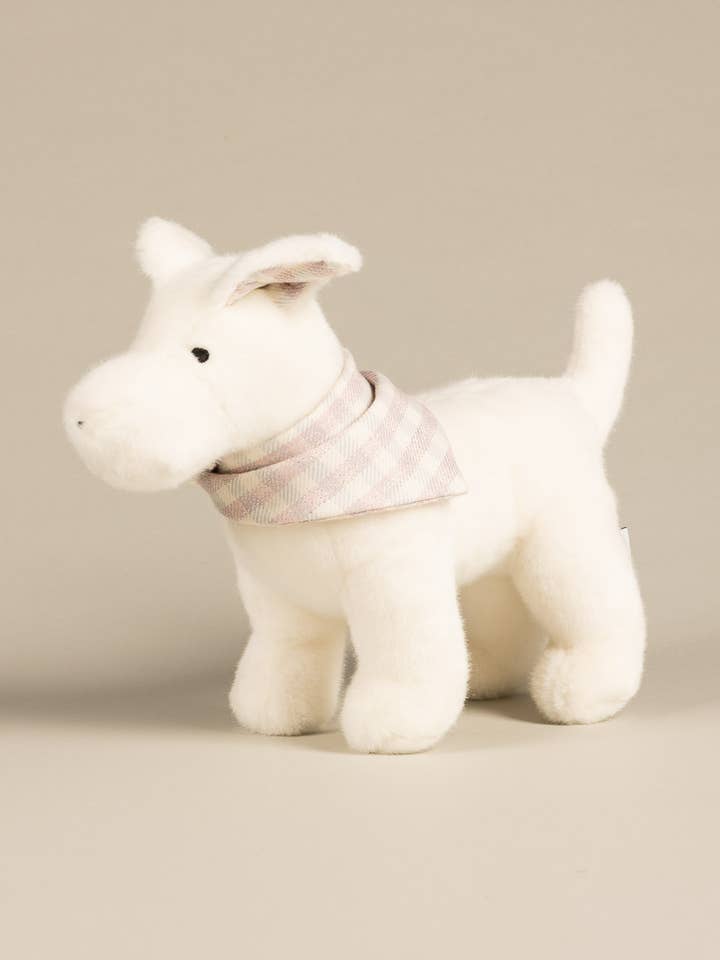 Oscar il Terrier bianco in peluche per la vendita all'ingrosso da parte di Pamplemousse Peluches