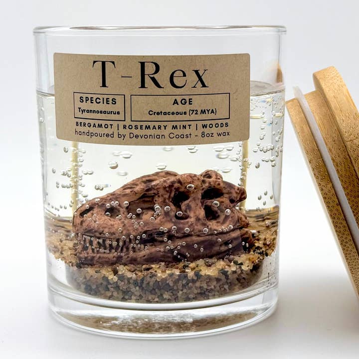 T-Rex Tyrannosaurus Rex Dinosaur Clear Gel Candle for wholesale by Devonian Coast
