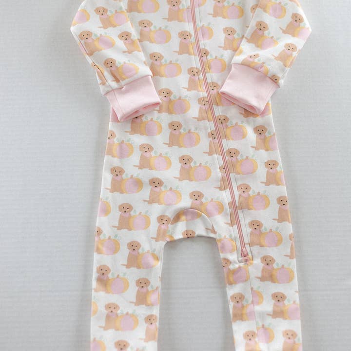 Pink Pumpkin Puppy Organic Cotton Zip Pajamas for wholesale by Huckleberry Hill Kids