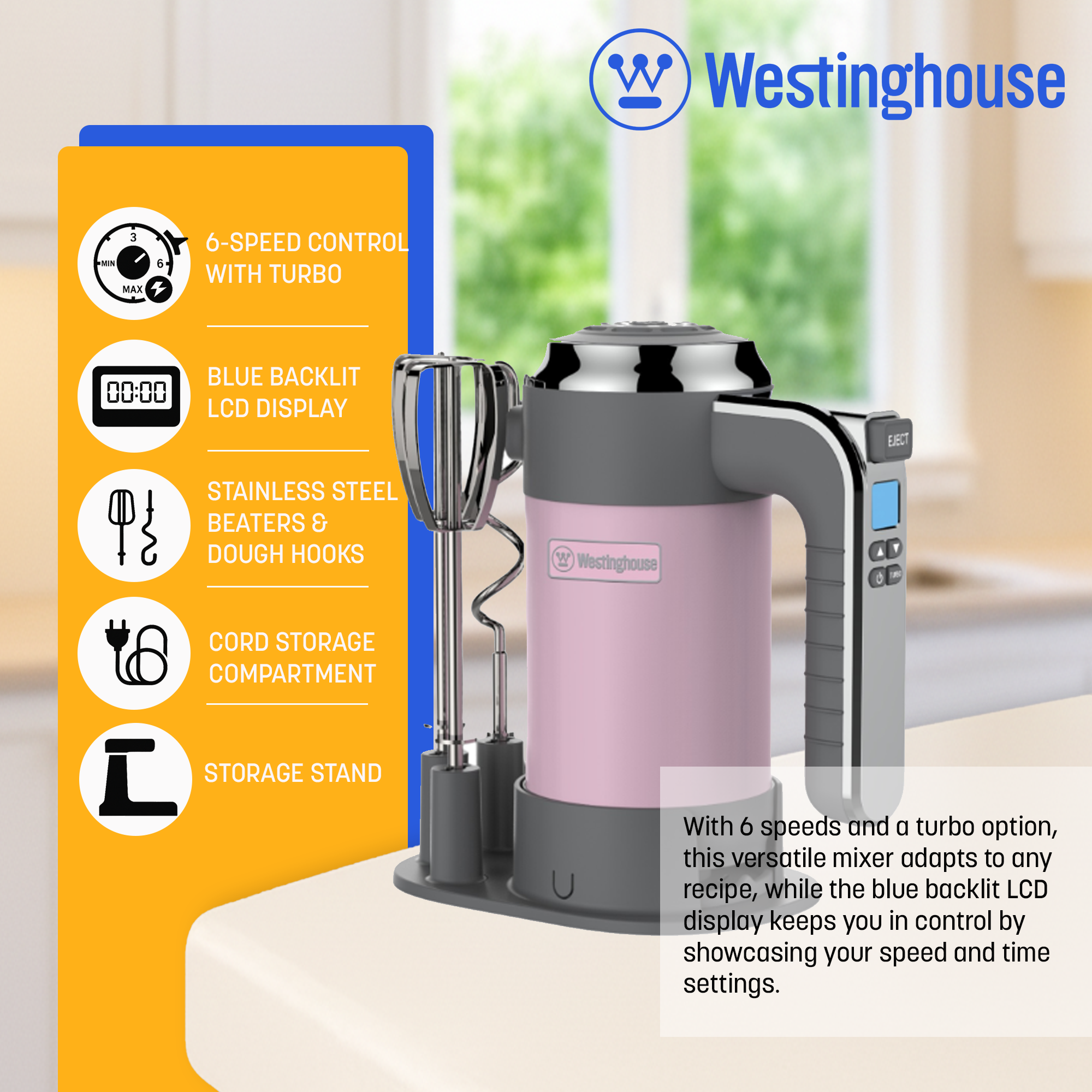 Westinghouse - Wholesale Kitchen Appliance - Westinghouse 5-Speed Hand Mixer with Base - Retro Series4