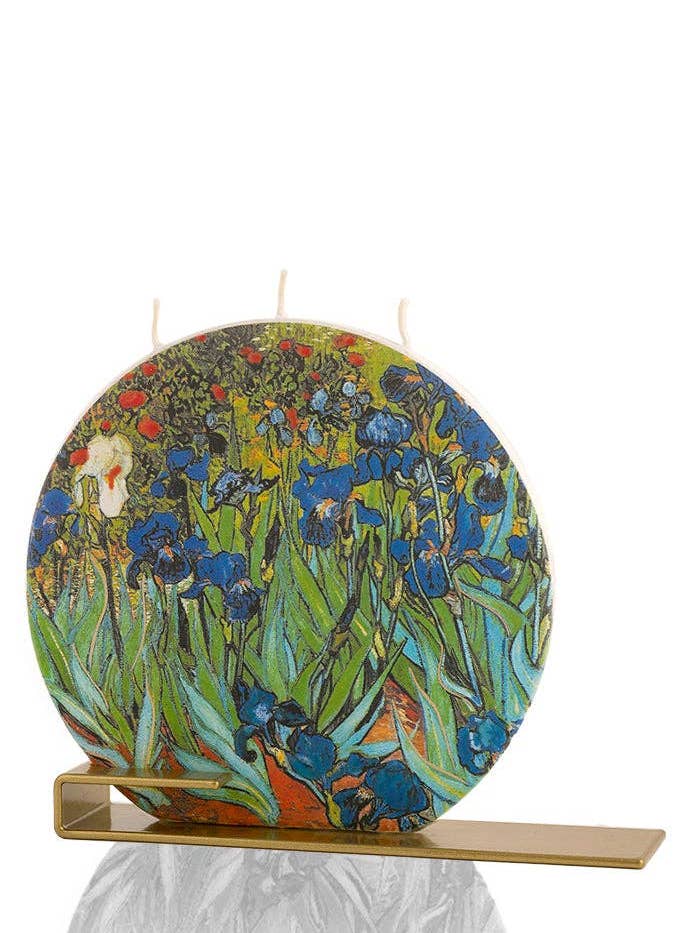 Platte handgemaakte 6-inch cirkelkaars Vincent van Gogh Irissen voor wholesale door Flatyz EU