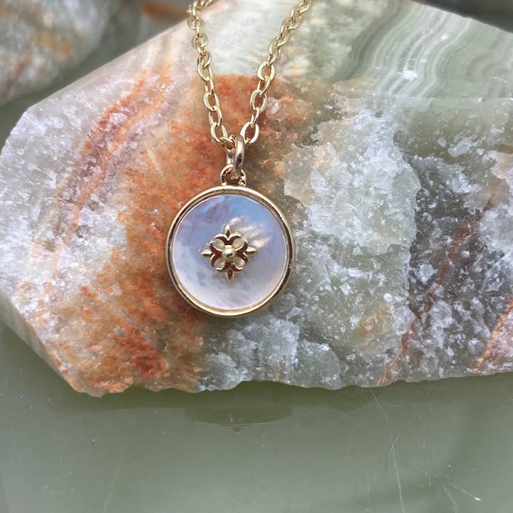 Gold Mother of Pearl Disk Necklace for wholesale by Elizabeth Jewelry