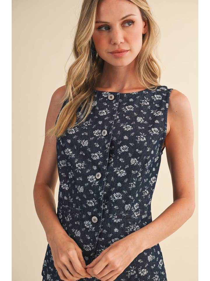 Klesis - Wholesale Top & Short Set (NOT Loungewear) - Women's - IST5874-C FLORAL PRINT BUTTON DOWN DENIM VEST AND SHORTS SET9