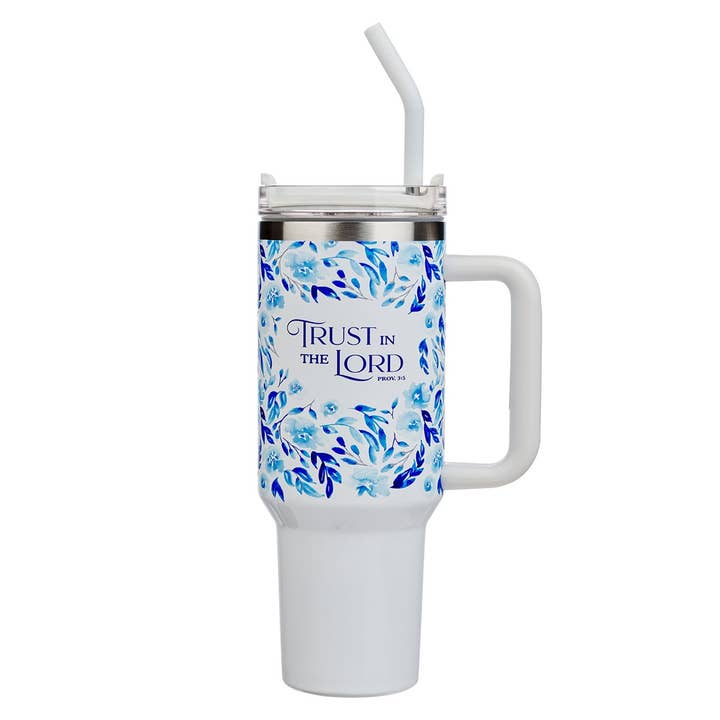 Tumbler w/straw SS Blue Floral Trust Prov. 3:5 for wholesale by Christian Art Gifts