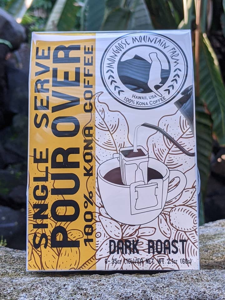 100% Kona coffee single serve pour over drip bags Dark for wholesale by Mongoose Mountain Farm