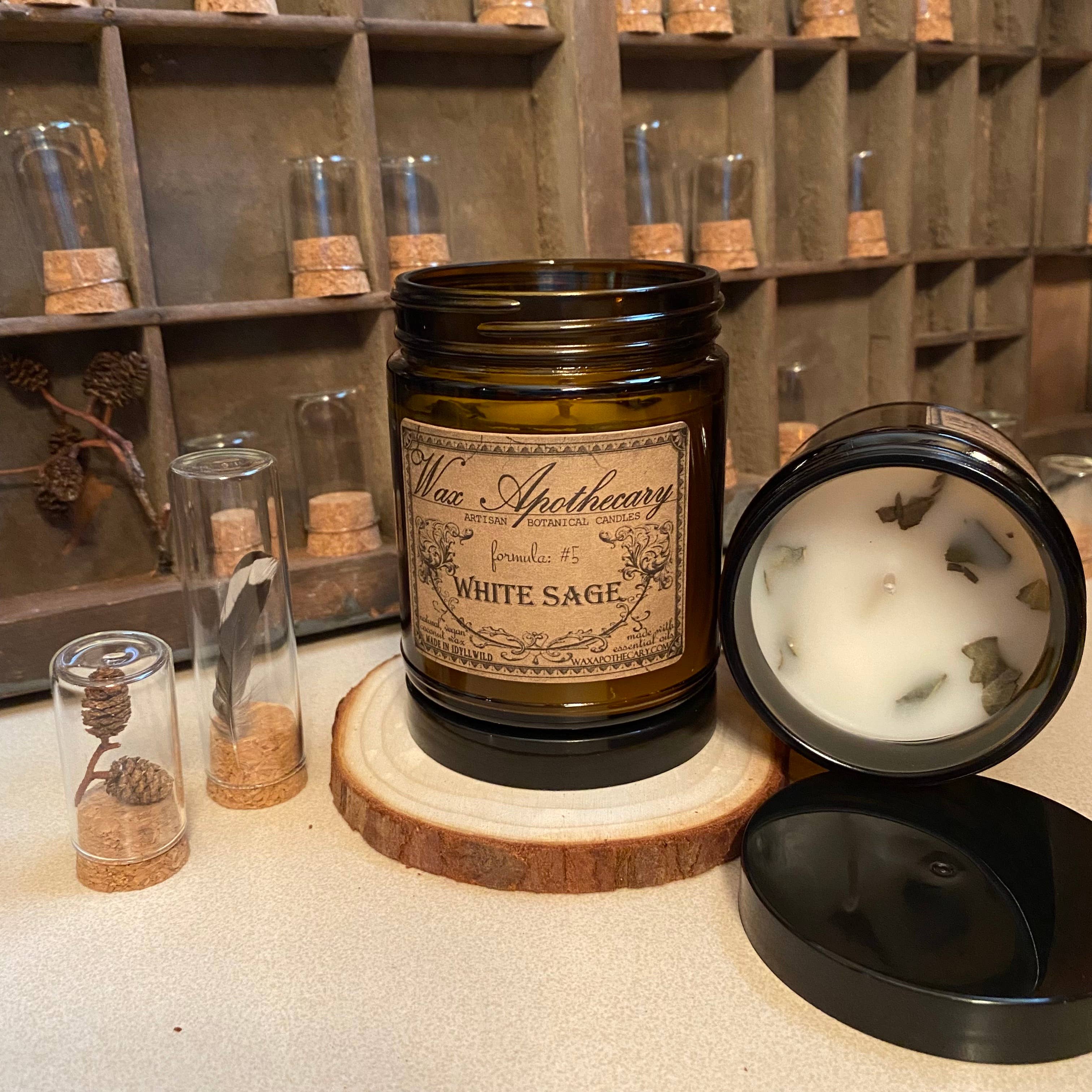Wax Apothecary – wholesale Burkljus – Vit salvia 6oz botaniska ljus i bärnsten glasburk w/lock4