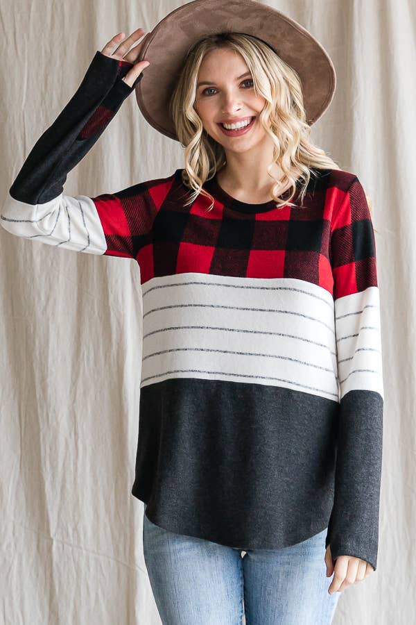 7th Ray - Wholesale Knit Top - Women's - Cozy Color Block Plaid Striped Thumbhole Pullover TopT4423-115