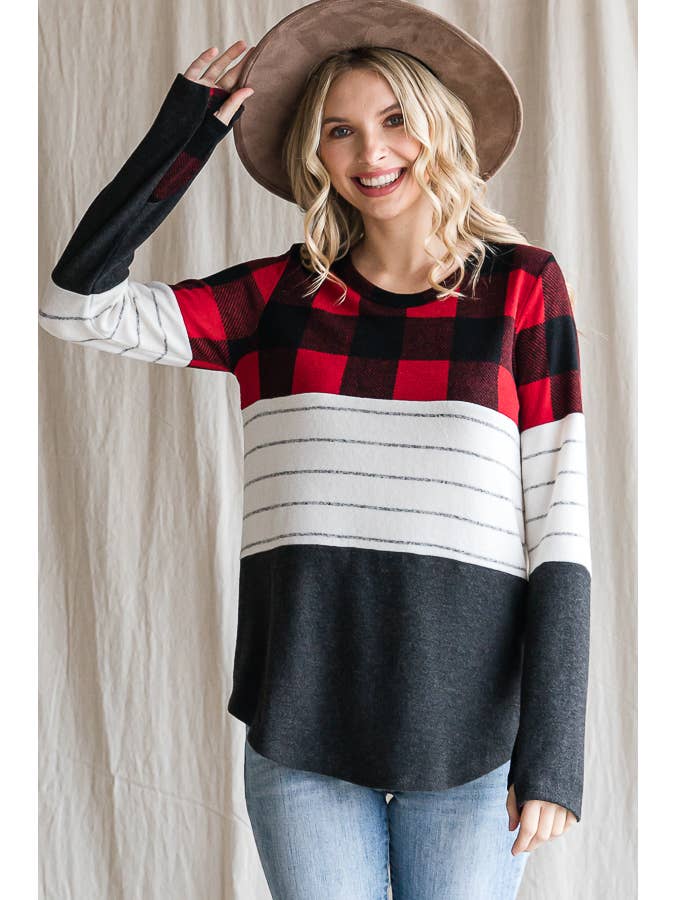 7th Ray - Wholesale Knit Top - Women's - Cozy Color Block Plaid Striped Thumbhole Pullover TopT4423-115