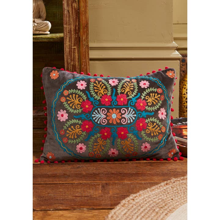 Namaste - Wholesale Throw Pillow Cover - Ahyana Embroidered Velvet Cushion Cover, Pom Poms