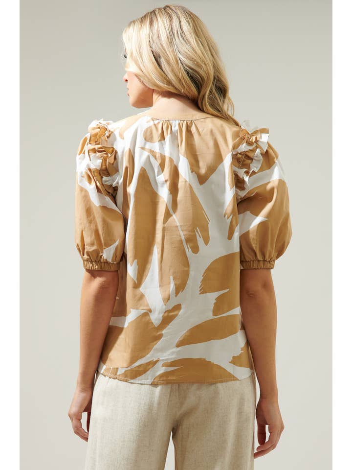Camel Multi Hazel Abstract Noche Tie Neck Blouse for wholesale on Faire