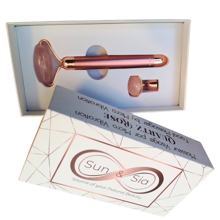 Zen'Arôme - Vente Rouleau beauté/visage - Roller Masseur visage électrique Quartz Rose double tête12