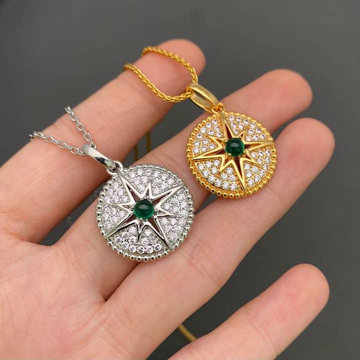 Vintage Cubic Zirconia Star 18K Golden Brass Charm Necklace for wholesale by Mio Queena