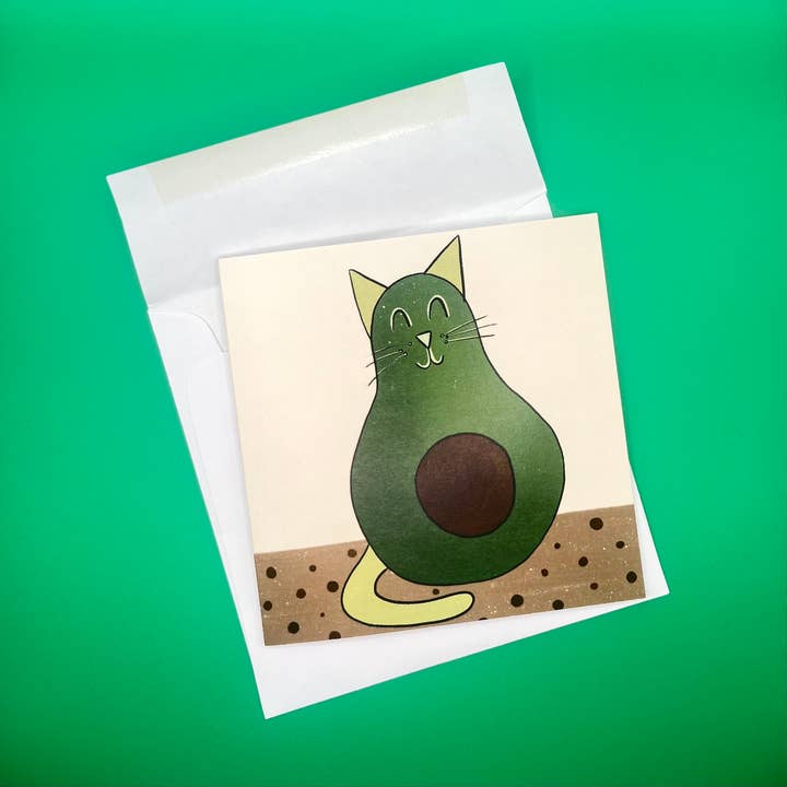 Avocado Cat - Cute Greeting Card for wholesale by Heidi Webb Design