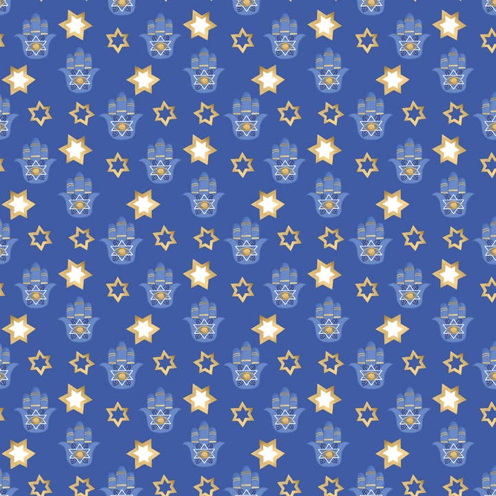 Hanukkah Wrapping Paper | Gold Star & Hamsa Blue Gift Wrap for wholesale by Waterleaf Paper Co.