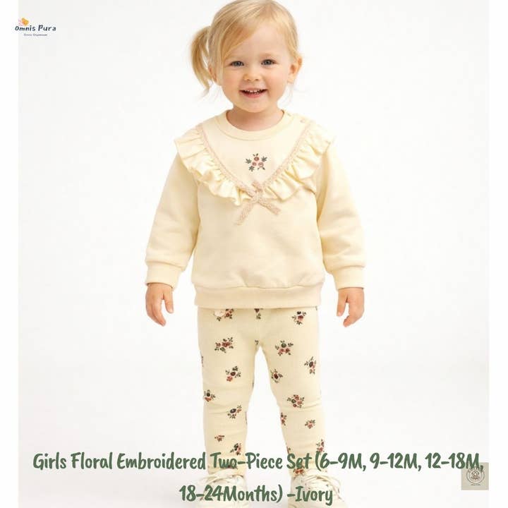 Set due pezzi con top ricamato floreale per bambine (9-24 mesi) per la vendita all'ingrosso da parte di Omnis Pura