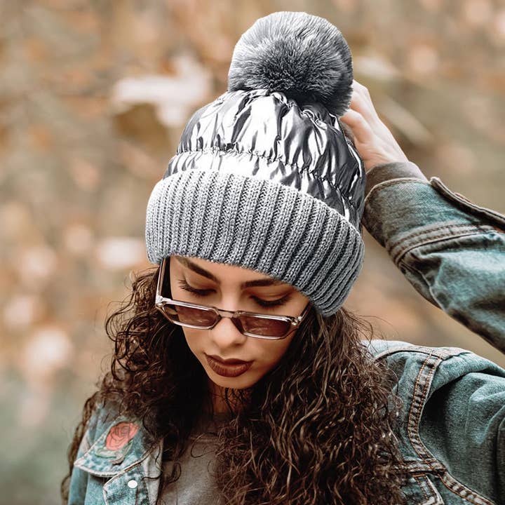 Wona Trading, Inc. - Wholesale Beanie - Women's - Fleece Lining Puffer Knit Pom Pom Beanie Hat