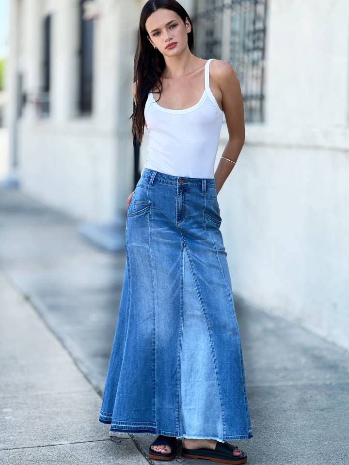 Spark Blue Flare Bliss Maxi Denim Skirt for wholesale on Faire0
