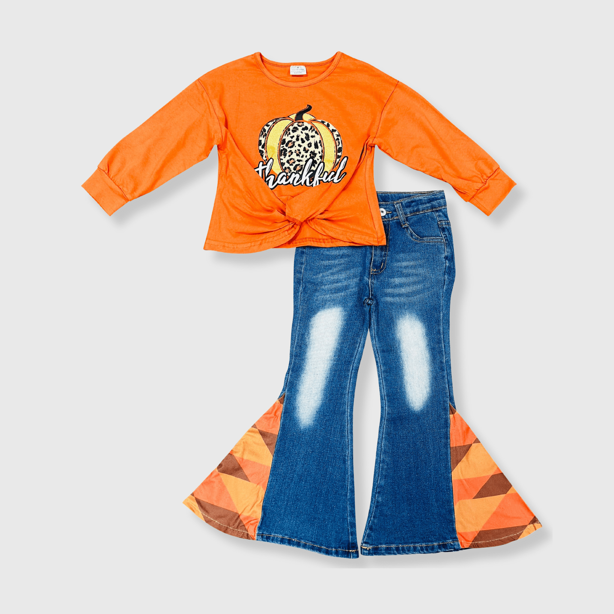 ILTEX Apparel - Wholesale Top & Pant Set - Kids - Thankful Orange Pumpkin Denim Outfit Kids0