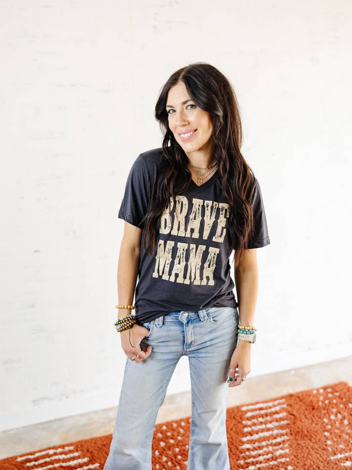 Brave Mama Goes West Vneck- Hearth Grey for wholesale by The Brave Mama Co