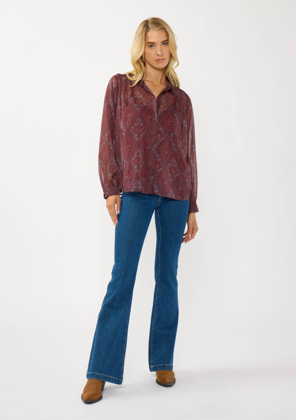 WINE ROSE Diamond Floral Sheer Blouse for wholesale on Faire3