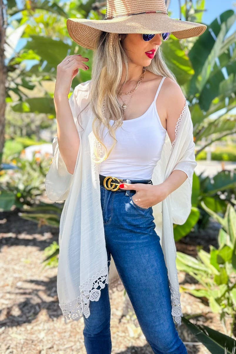 Bege Bege Sólido com Detalhe em Renda com Detalhe em Renda Capa Quimono Frente Aberta para venda a revendedores na Faire3