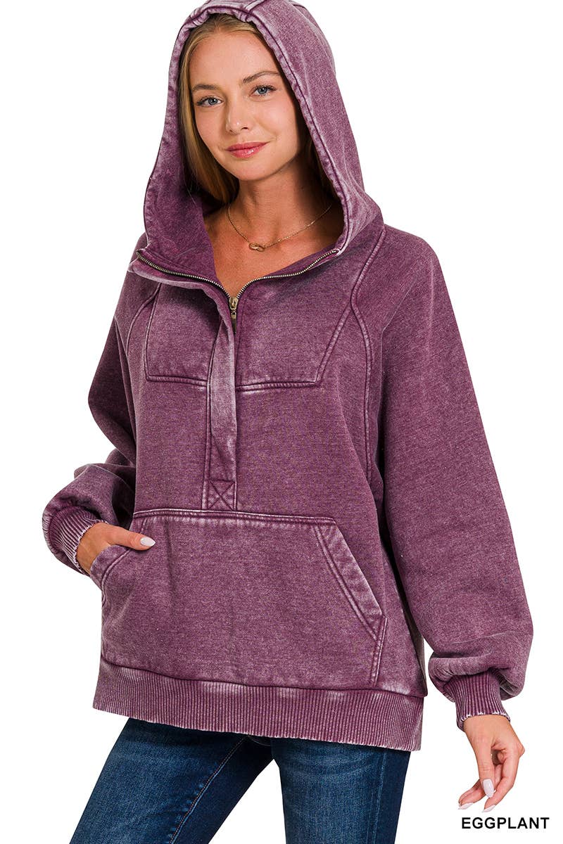 Vanilla Monkey - Vendita all'ingrosso Felpa con cappuccio - Donna - Felpa a marsupio oversize in pile Acid Wash con zip a 1/48