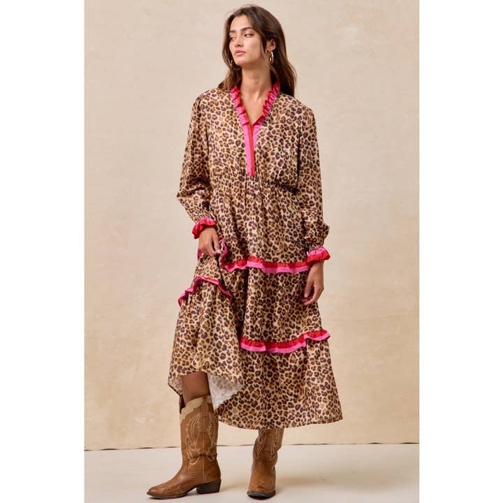 Leopard Printed Midi Dress With Stripe Edged for wholesale on Faire2