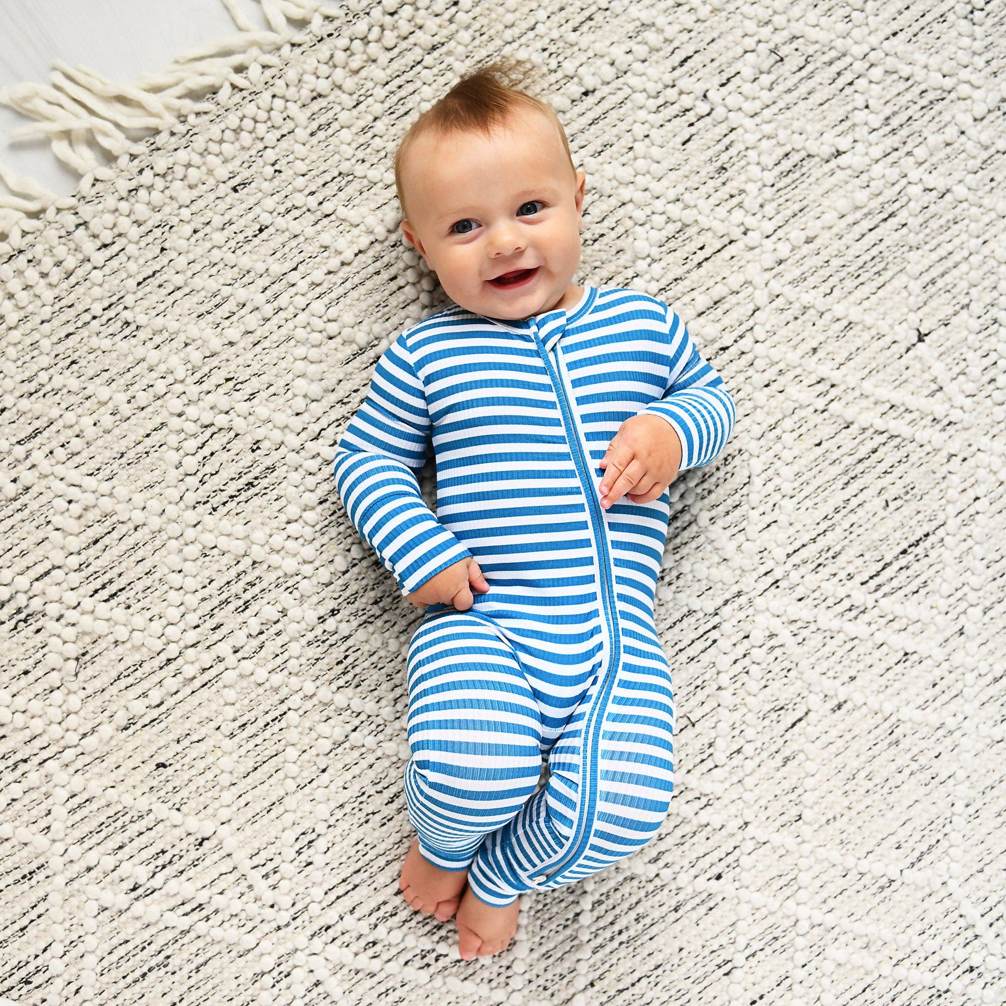 Gigi and Max - Wholesale Jumpsuit - Baby - Cooper Blue Ribbed ZIP Bamboo Striped One Piece 2-Way Zipper6