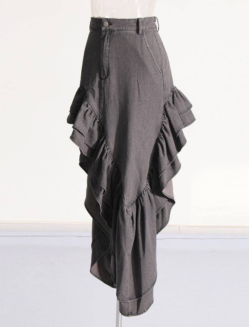 GREY Asymmetrical Ruffle Split-Hem Maxi Skirt for wholesale on Faire1