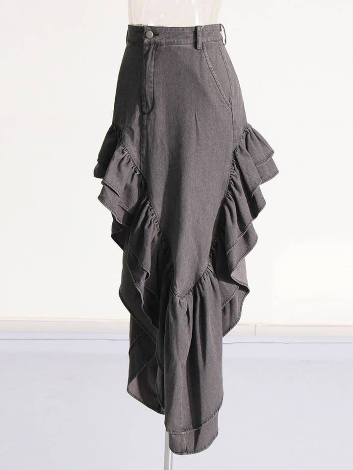 GREY Asymmetrical Ruffle Split-Hem Maxi Skirt for wholesale on Faire1