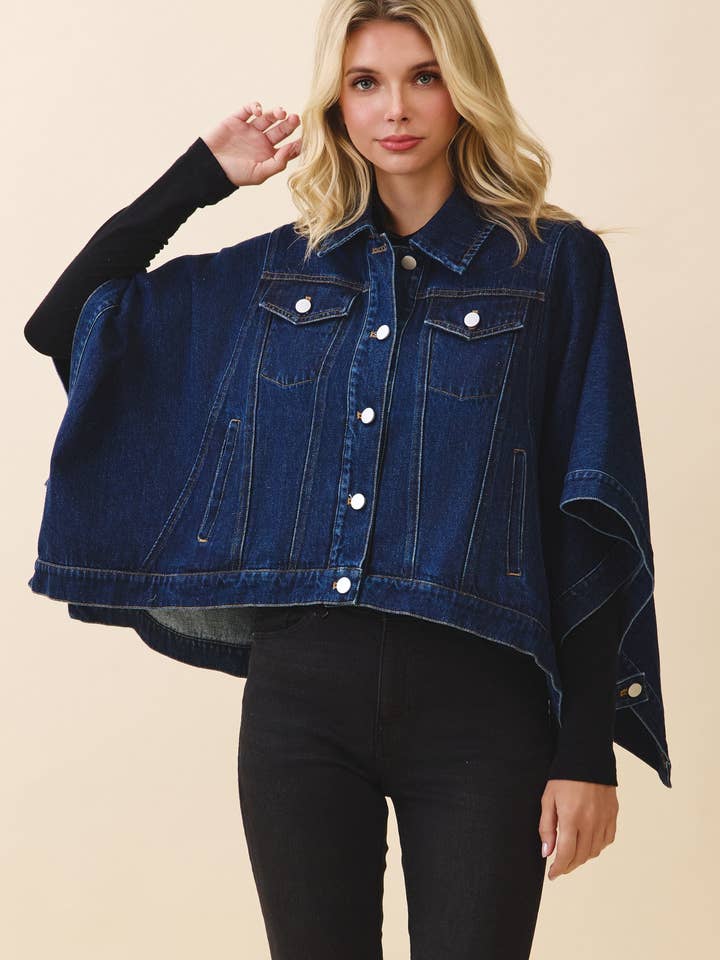 CJ6757-Open Side Button Front Cape Style Denim Jacket for wholesale by TCEC