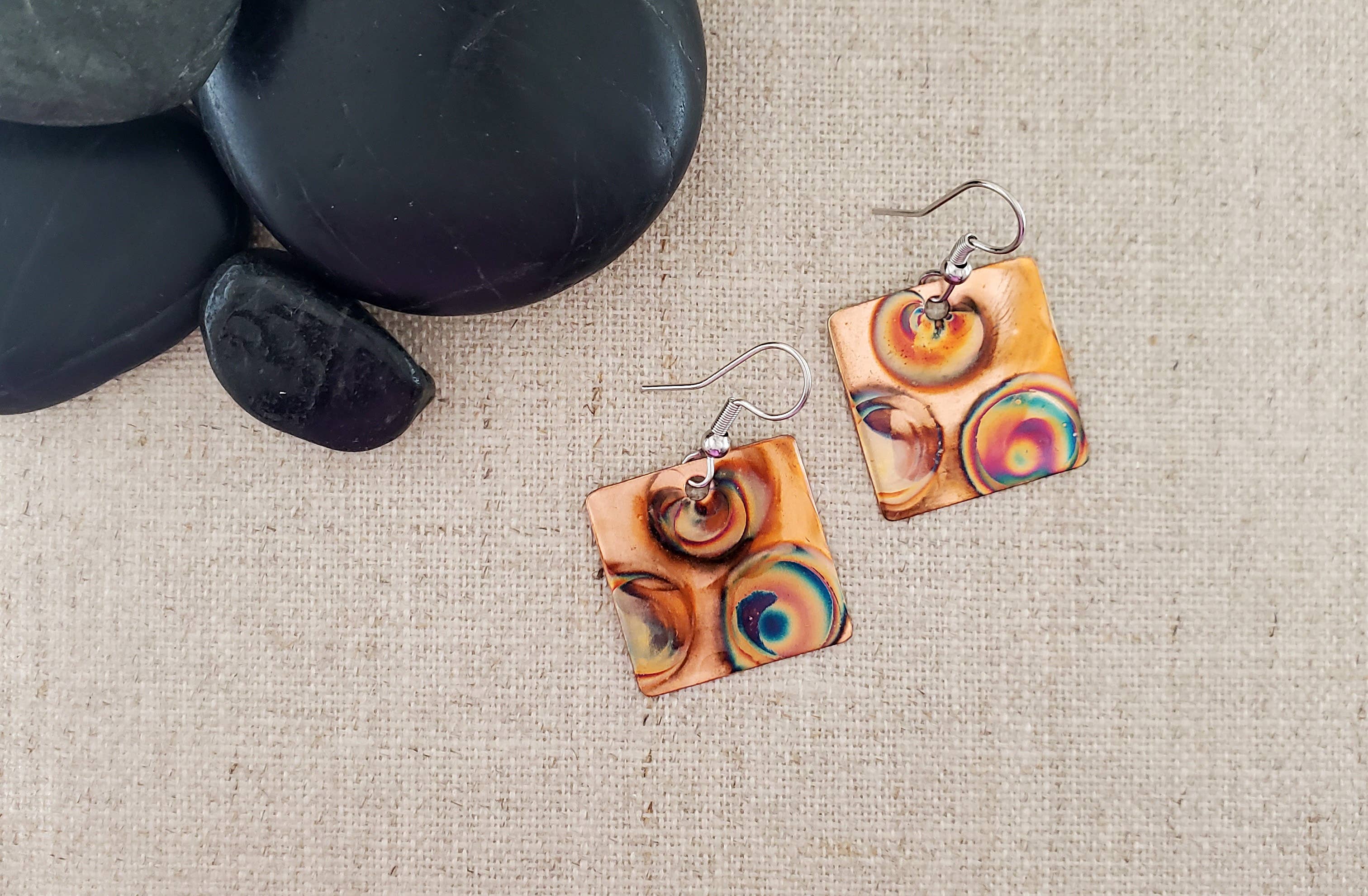 Covaly Artisan Jewelry - Wholesale Dangle Earrings - Small Flame Paint Copper Square Earrings