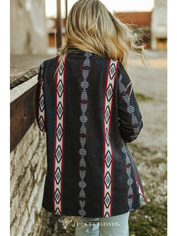 LUCKY & BLESSED - Vendita all'ingrosso Cardigan - Donna - Cardigan a maniche lunghe in French Terry nero taglie forti con motivo azteco