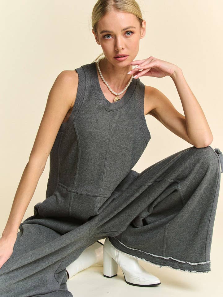 Davi & Dani - Wholesale Jumpsuit - Women's - RIBBED CONTRAST RUCHED SIDE SEAM FRENCH JUMPSUIT