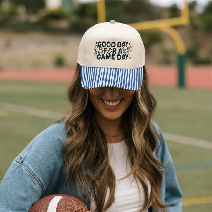 Good Day For A Game Day- Striped Bill Hat Game Day Hat and other Purchase Wholesale gameday hat. Free Returns & Net 60 Terms on Faire trending on Faire.
