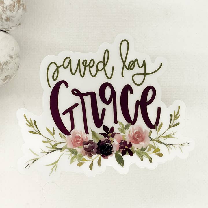 Gemt af nåde, blomstret klar vinyl, klistermærke, 3x3 tommer for engroshandel hos Savannah and James Co