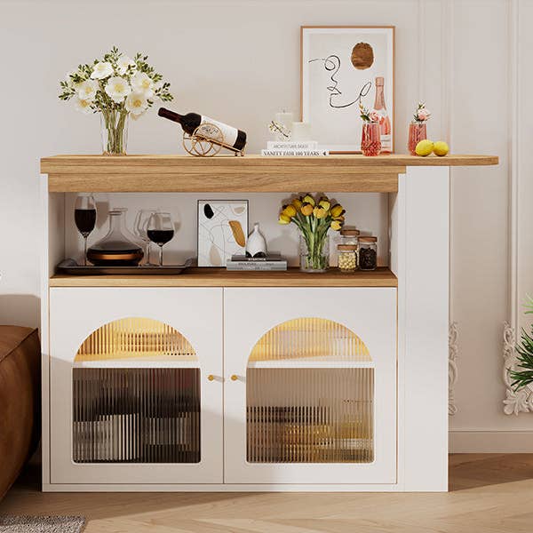 Urban Meuble - Wholesale Sideboard - Modern white rotating extendable bar table with storage and LED light strip THRUTELS WHITE4