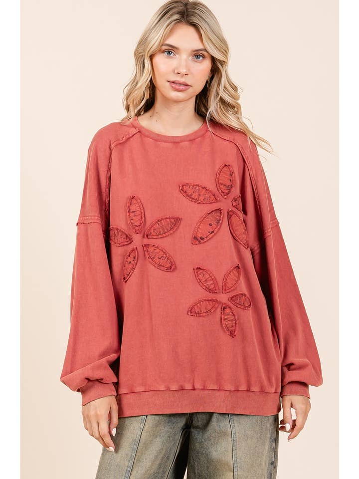 mittoshop - Wholesale Sweatshirt - Women's - VINTAGE TEXTILE FLOWER PATCH MINERAL WASH PULLOVER