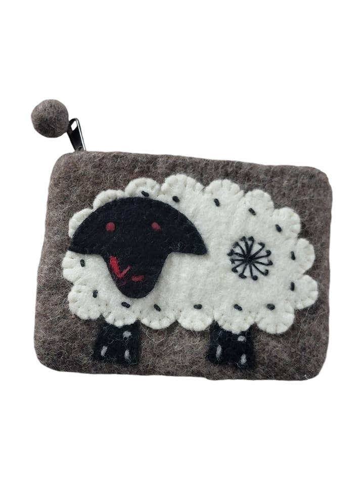 BA677 Portamonete in feltro di lana con motivo animale, soffice agnello/pecora nuvolosa per la vendita all'ingrosso da parte di Evergreen Guardian Imports