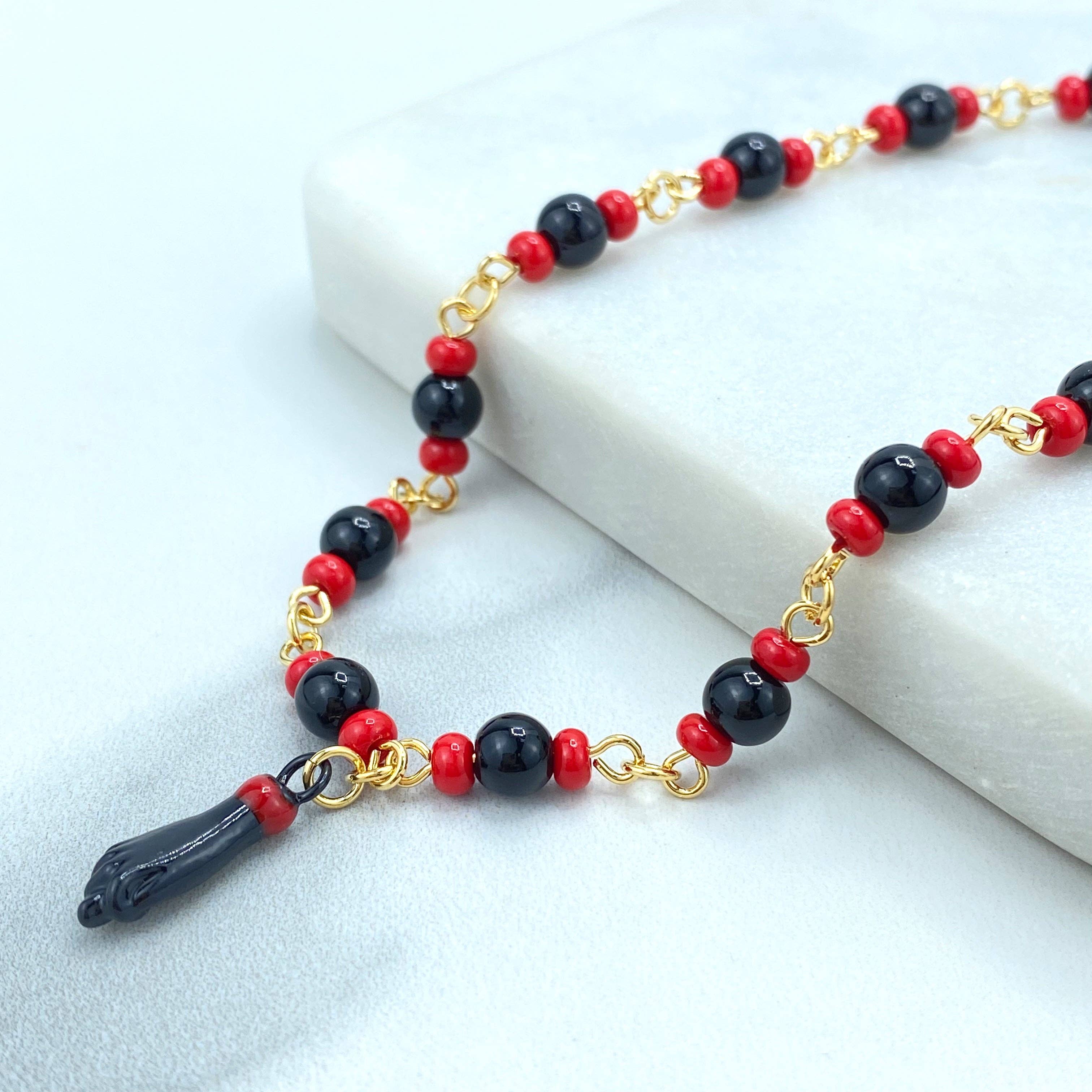 Luxus Accessories - Wholesale Anklet - 18k Gold Filled Azabache Style Link Chain with Black Figa Hand ANKLET, Protection against the Evil Eye & Negative Energy1