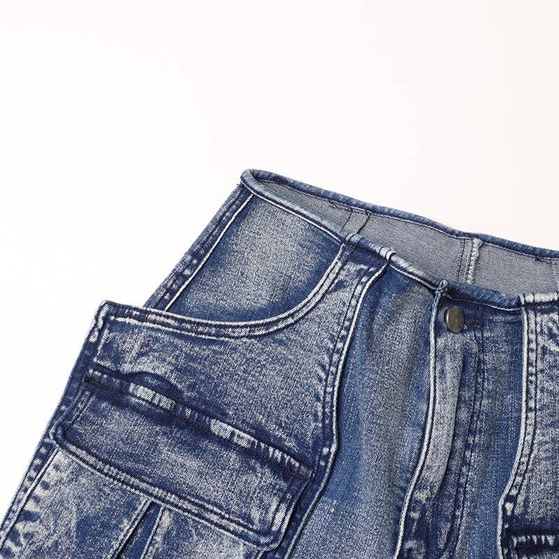 Marron Tro en jean à grandes poches, coupe droite et élégante, en patchwork, PT002 en vente sur Faire12